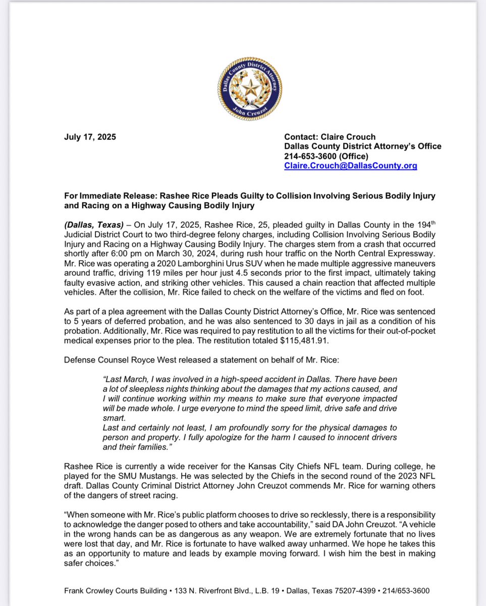 RealMNchiefsfan's tweet image. Rashee Rice has resolved his criminal and civil matters, and a lot of you had questions for me due to my day job as a prosecutor.

I wrote about what's been reported, and summarized what it means to the best of my ability.

UNLOCKED for all to read.

🔗- mnchiefsfan.substack.com/p/rashee-rice-…
