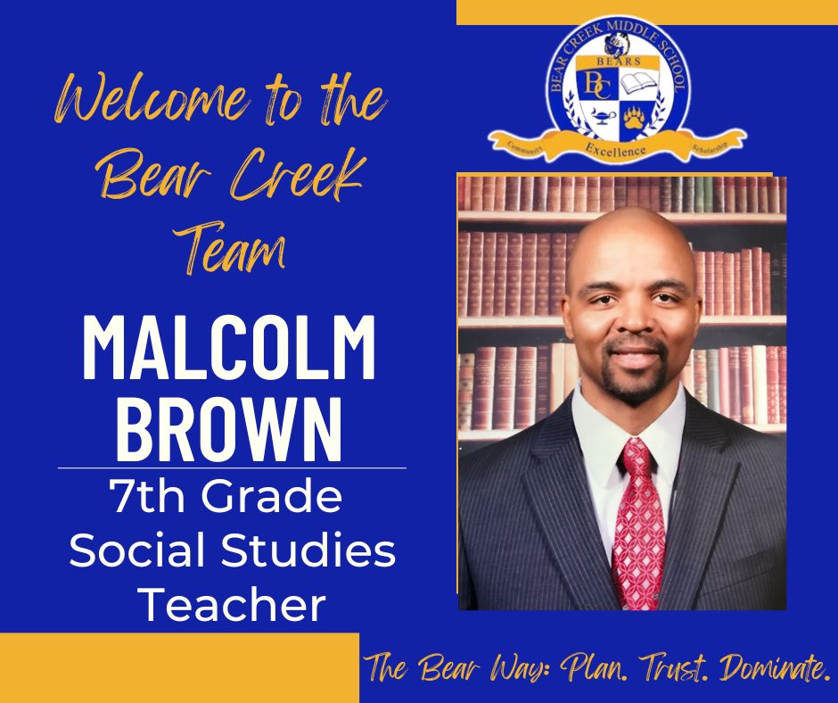 RJ Armstrong (@armstrong_lhhs) on Twitter photo Please join me in welcoming Malcolm Brown to the BCMS family. We are confident he will exemplify "The Bear Way". <a href="/BearCreekMS/">Bear Creek MS</a> <a href="/thesskey/">Shamika Key</a> <a href="/1CWoodhouseSr/">Curtis Woodhouse</a> <a href="/TenishaBlackma3/">Tenisha Blackman</a> <a href="/EdSBUp/">B.UPshaw. Ed.S</a> Please join me in welcoming Malcolm Brown to the BCMS family. We are confident he will exemplify "The Bear Way". <a href="/BearCreekMS/">Bear Creek MS</a> <a href="/thesskey/">Shamika Key</a> <a href="/1CWoodhouseSr/">Curtis Woodhouse</a> <a href="/TenishaBlackma3/">Tenisha Blackman</a> <a href="/EdSBUp/">B.UPshaw. Ed.S</a>