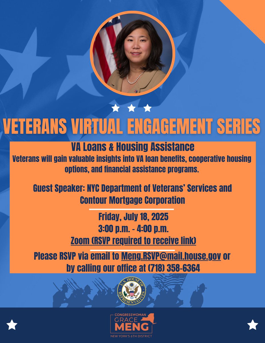RepGraceMeng's tweet image. REMINDER: My team is hosting a virtual event with @nycveteran & @ContourMtg to help local veterans navigate their VA housing benefits on Friday, July 18, 3pm-4pm. RSVP is required.
Details👇