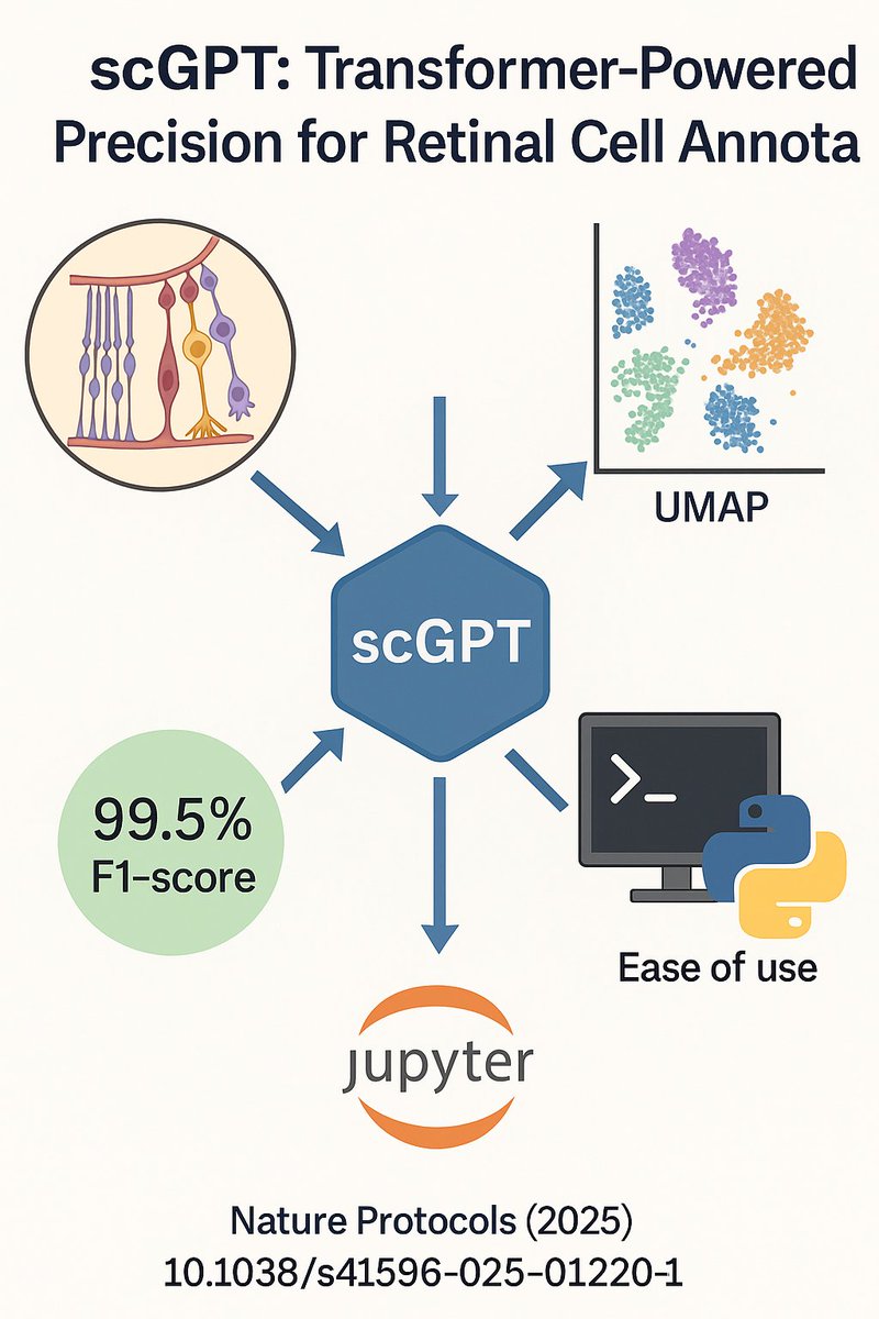BoWang87's tweet image. 🚀 Excited to share our latest protocol in @NatureProtocols : "scGPT: End-to-end Protocol for Fine-tuned Retinal Cell Type Annotation"!
Single-cell RNA-seq is transforming biology, but annotating large-scale, high-resolution data is challenging. Our team introduces a powerful…