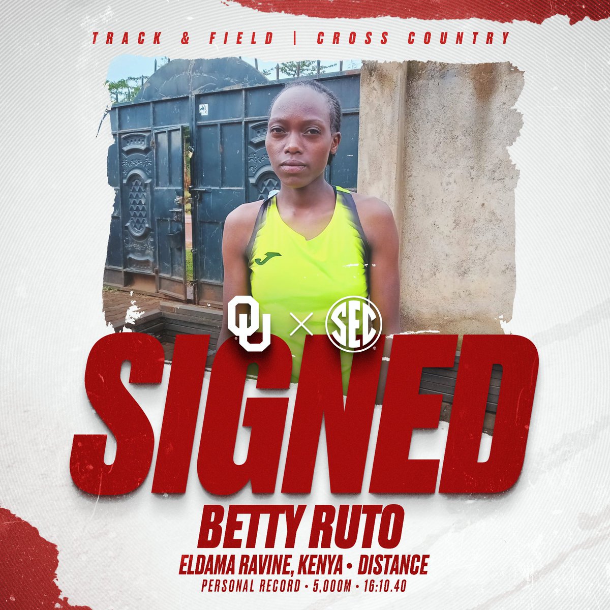 OU_Track's tweet image. Welcome to the 𝟒𝟎𝟓 🔴
Betty Ruto has officially signed with OU! We’re so excited to welcome you to Norman! ☝️
5,000m » 16:10.40 (at 6,000 feet)