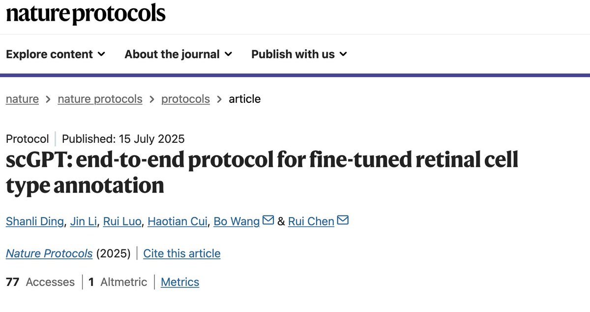 BoWang87's tweet image. 🚀 Excited to share our latest protocol in @NatureProtocols : "scGPT: End-to-end Protocol for Fine-tuned Retinal Cell Type Annotation"!
Single-cell RNA-seq is transforming biology, but annotating large-scale, high-resolution data is challenging. Our team introduces a powerful…