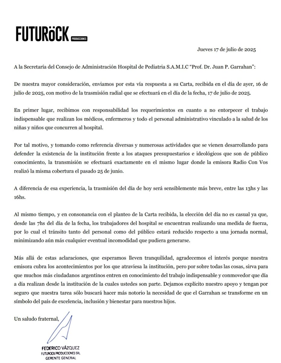 Otro ataque del gobierno de Milei a nuestra radio.
Adjuntamos la nota de respuesta, enviada a las 10:11 AM del día de hoy. 
En la misma explicamos que no interferiríamos en el funcionamiento del hospital, y que el lugar de trasmsión sería exactamente el mismo que utilizó