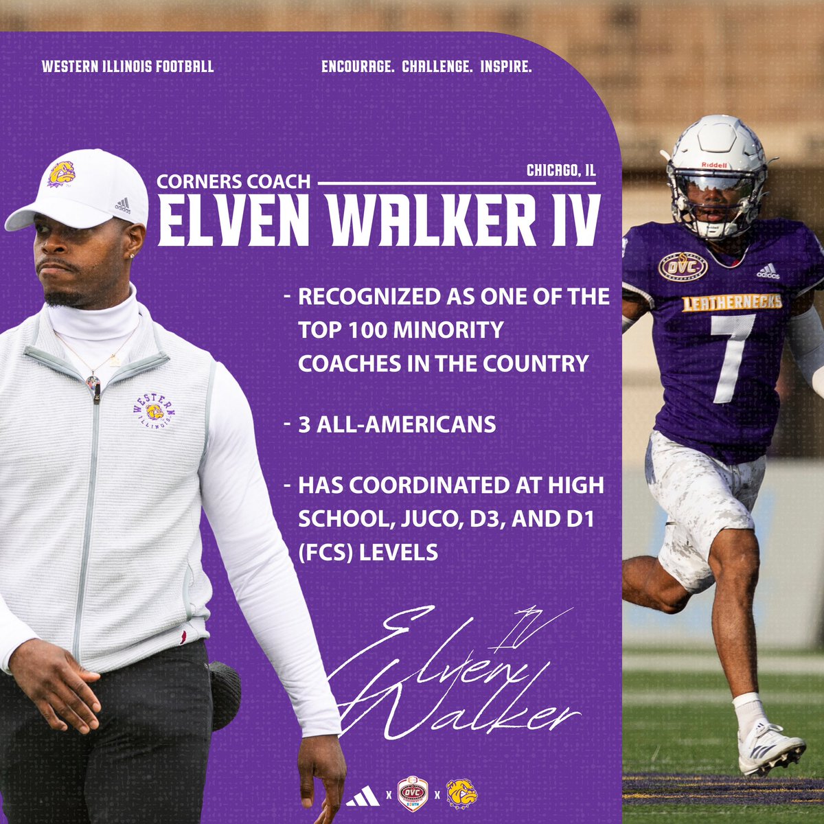 WIUFootball's tweet image. 🟣🟡Meet the Staff🟣🟡

Controlling the air space ✈️❌

Let’s welcome our Corners Coach Elven Walker as he enters his 2nd season with Western Illinois Football!

#GoNecks | #OneGoal | #ECI
