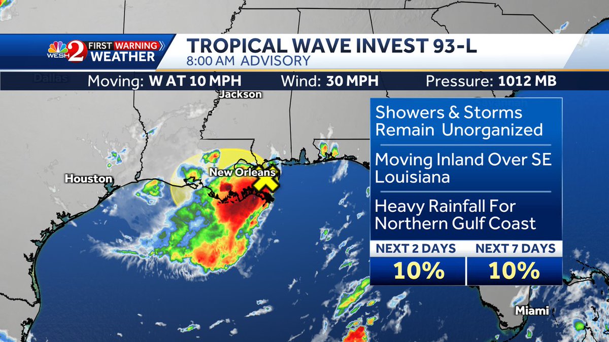 TMainolfiWESH's tweet image. #NHC is monitoring #Invest93 as it approaches #Louisiania. The biggest concerns are heavy rain and flood threats.Stay with #weshwx for updates.