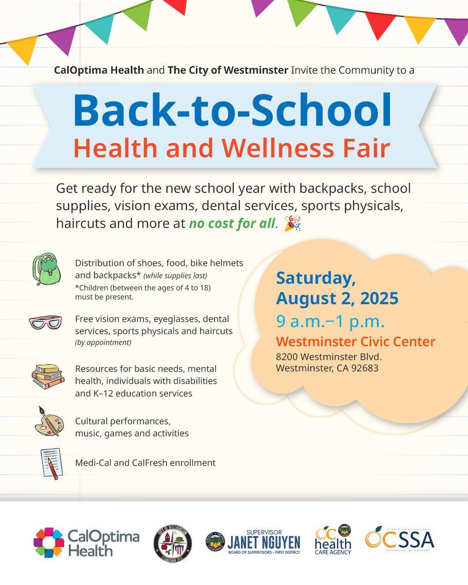 CalOptima's tweet image. 🗓️ Mark your calendars to attend CalOptima Health’s Annual Back-to-School Health and Wellness Fair on Saturday, August 2, from 9 a.m. to 1 p.m. at the Westminster Civic Center ( 8200 Westminster Blvd). For more information and event details, visit: bit.ly/chbts2025