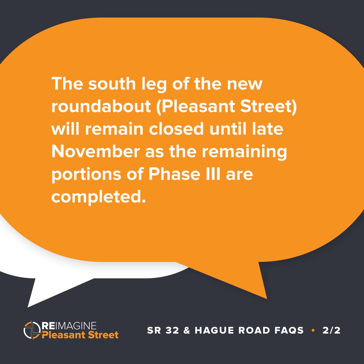 reimagineplsnt's tweet image. Another question we’ve received is if Pleasant Street will open when construction is finished at SR 32. We’ve answered that and other questions related to the closure on our FAQ page. reimaginepleasantst.com/faqs