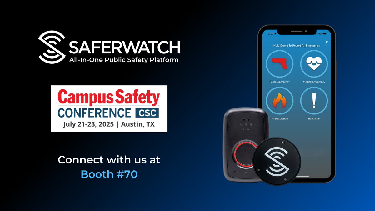 SaferWatchApp's tweet image. SaferWatch is heading to the Campus Safety Conference!
📍 Austin, TX | 🗓 July 21–23, 2025
Join us at CSC 2025 to see how SaferWatch is transforming campus security with:
🔹 Mobile & LTE panic buttons
🔹 Real-time tip reporting
🔹 Mass notifications
🔹 Two-way communication with…