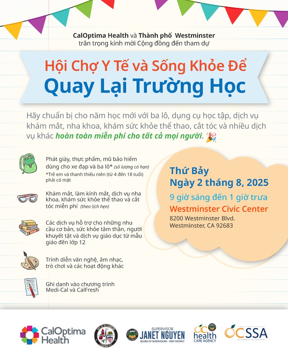 CalOptima's tweet image. 🗓️ Mark your calendars to attend CalOptima Health’s Annual Back-to-School Health and Wellness Fair on Saturday, August 2, from 9 a.m. to 1 p.m. at the Westminster Civic Center ( 8200 Westminster Blvd). For more information and event details, visit: bit.ly/chbts2025