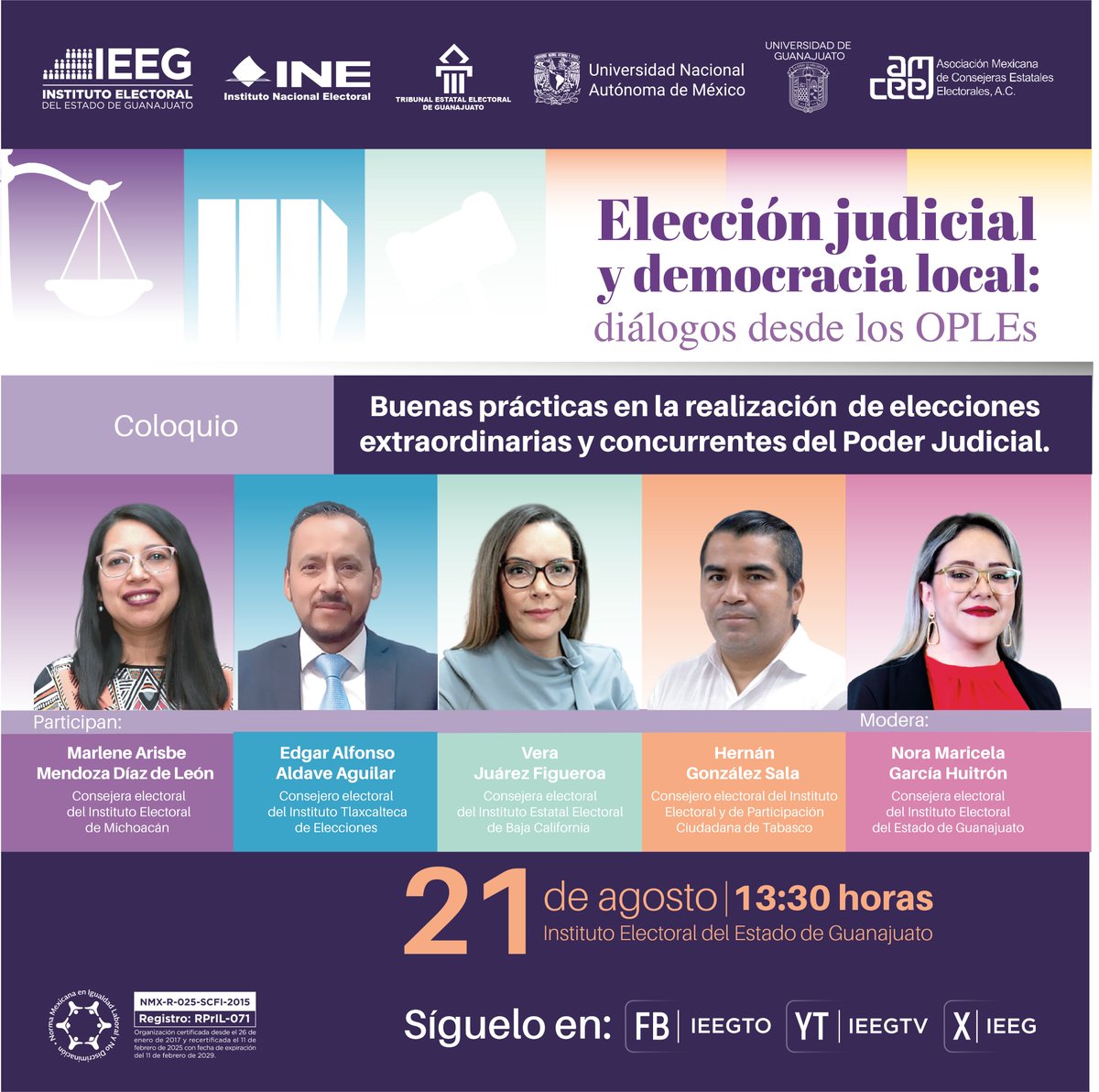 🟣 | ¡Foro: Elección judicial y democracia local: diálogos desde los OPLEs! 

Coloquio: buenas prácticas en la realización de elecciones extraordinarias y concurrentes del Poder Judicial.

Síguelo el 21 de agosto a las 13:30 horas.

#LaDemocraciaSeViveTodosLosDías