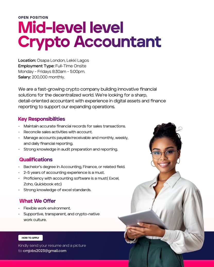 Hiring: Mid-level level Crypto Accountant Location: Osapa London, Lekki  Lagos. Employment Type: Full-time onsite Monday - Fridays 8:30am - 5:00pm.  Salary: 200,000 monthly. About Us We are a fast-growing crypto company  building