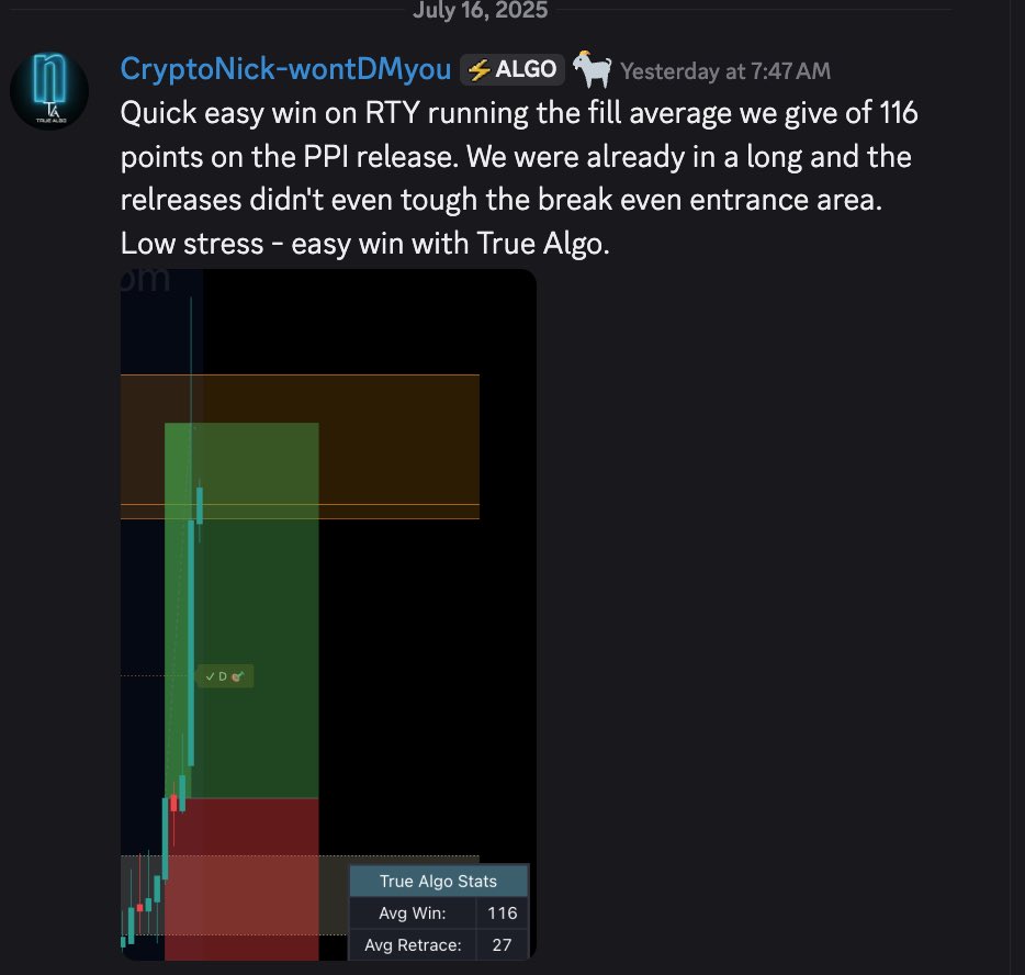 RTY crushed our 116-point average win ON the PPI release.
Already positioned, no panic on the drop, no stress on the re-release.
This is what LIVE edge looks like.
📊 116pt average win
📉 Only 27pt average retrace
True Algo doesn't blink when the data hits.
You were either