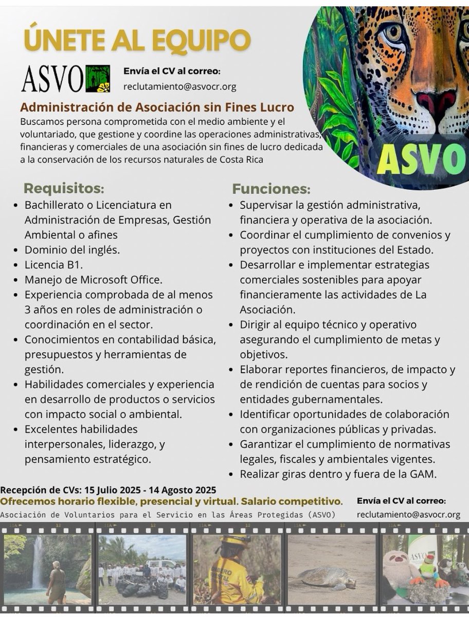 ¿Te apasiona el medio ambiente y el voluntariado? Asociación sin Fines de Lucro
busca persona comprometida y organizada para su Administración.

Enviar CV al correo:
reclutamiento@asvocr.org