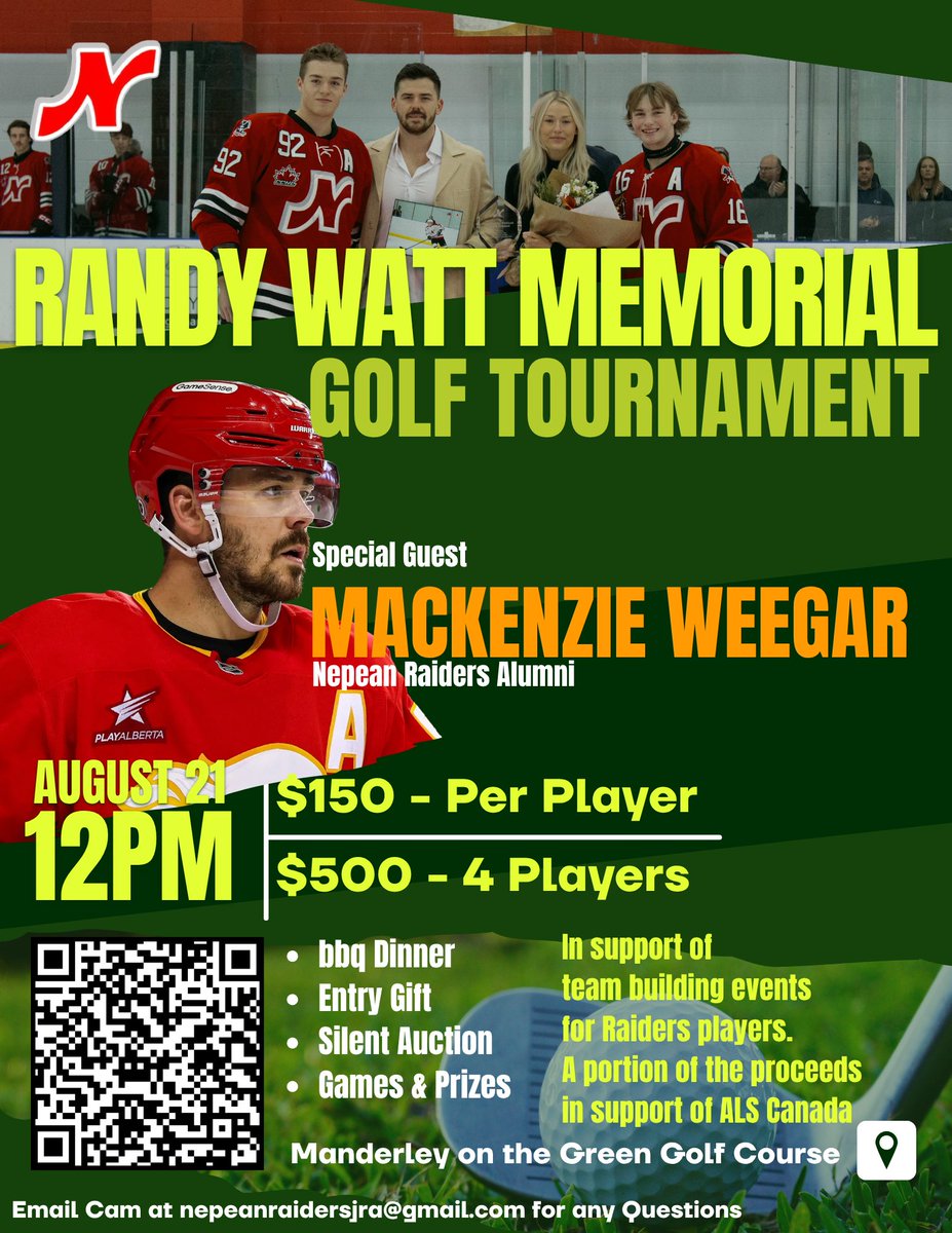 We're excited to announce Mackenzie Weegar &amp; Raiders Alumnus will be joining us at the Randy Watt Memorial Golf Tournament open to the public!
August 21st at the Manderley on the green
$500 per team I $150 per person
$40 games buy in bracelet .
Dinner, games, and prizes included!