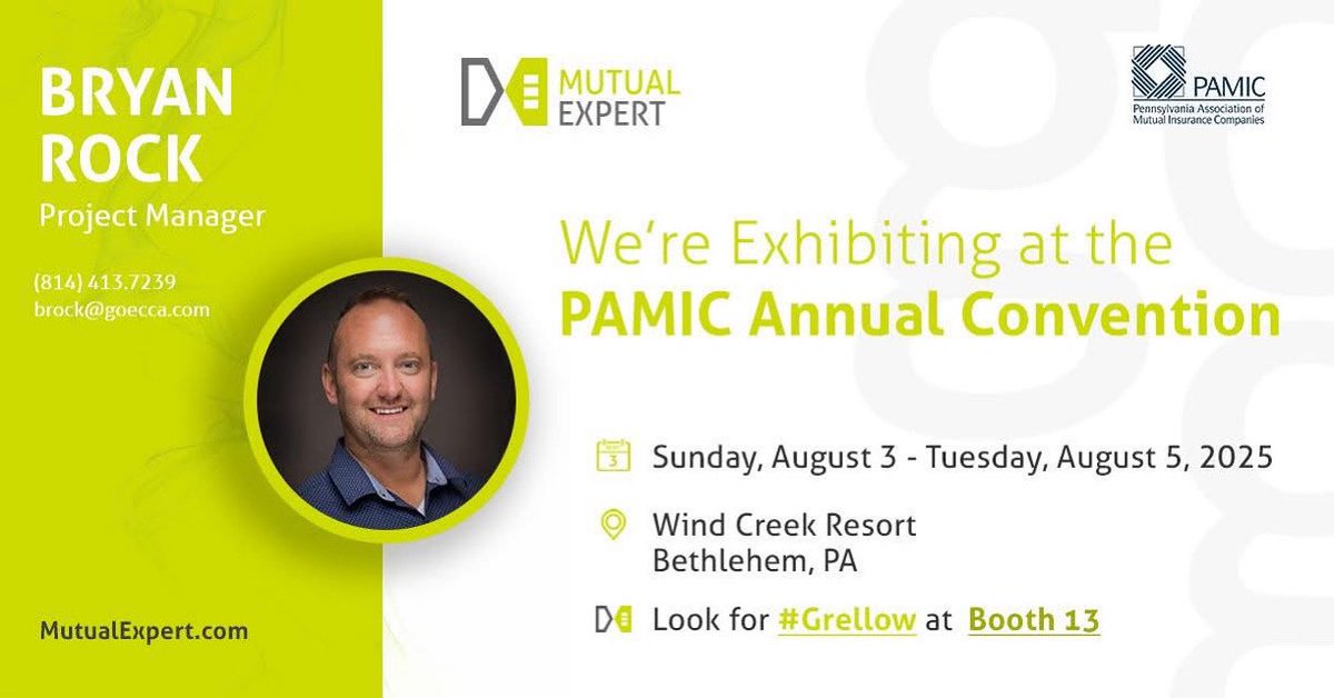 Mutual Expert will be exhibiting at PAMIC 118th Annual Convention

Look for the Grellow booth at the Wind Creek Bethlehem Resort!
 
Pennsylvania Association of Mutual Insurance Companies Annual Convention
August 3rd– 5th, 2025
Bethlehem, PA