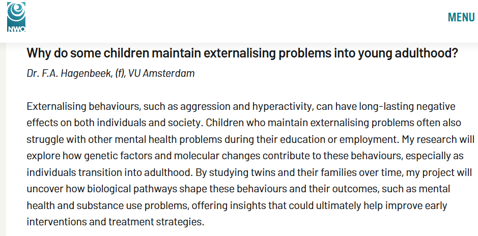 Fiona Hagenbeek (@fionahagenbeek) on Twitter photo Incredibly honoured to be awarded an NWO Veni grant 🎉! Looking forward to starting this next phase of my career at <a href="/NTRscience/">Netherlands Twin Register</a> <a href="/VUamsterdam/">Vrije Universiteit Amsterdam (inactief)</a>. Many thanks to my collaborators for their assistance and advice while writing this grant!
nwo.nl/onderzoeksprog… Incredibly honoured to be awarded an NWO Veni grant 🎉! Looking forward to starting this next phase of my career at <a href="/NTRscience/">Netherlands Twin Register</a> <a href="/VUamsterdam/">Vrije Universiteit Amsterdam (inactief)</a>. Many thanks to my collaborators for their assistance and advice while writing this grant!
nwo.nl/onderzoeksprog…
