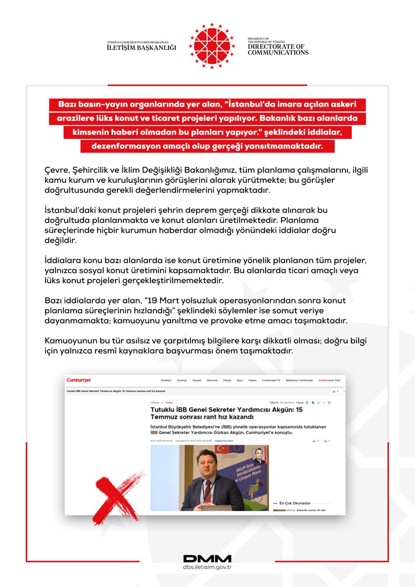 Bazı basın-yayın organlarında yer alan, "İstanbul'da imara açılan askeri arazilere lüks konut ve ticaret projeleri yapılıyor. Bakanlık bazı alanlarda kimsenin haberi olmadan bu planları yapıyor." şeklindeki iddialar, dezenformasyon amaçlı olup gerçeği yansıtmamaktadır.

Çevre,