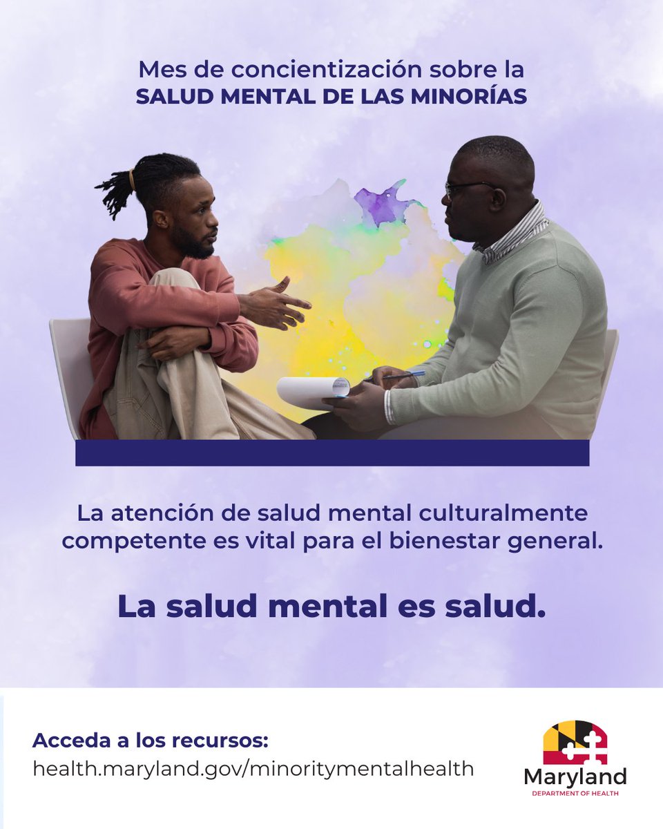 MDHealthDept's tweet image. La atención de salud mental culturalmente competente debe ser el estándar, no un lujo. Obtenga más información y encuentre recursos en su comunidad en bit.ly/4kdZR8b.