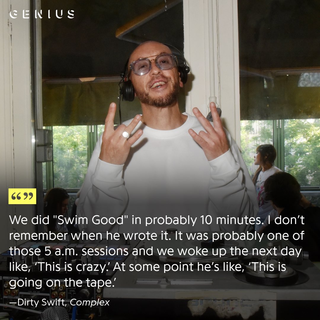 Genius's tweet image. throwback to midi mafia’s #dirtyswift revealing that #frankocean’s “swim good” was actually recorded in 10 minutes 🤯👀
