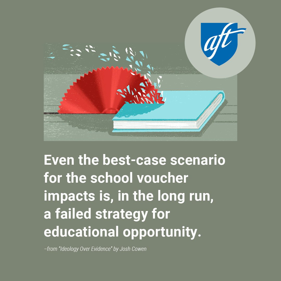 AFTunion's tweet image. Voucher programs cause academic decline &amp;amp; don’t serve the most vulnerable students. What works instead? Directly funding public schools &amp;amp; whole-child approaches like community schools &amp;amp; universal school meals. 

More from @joshcowenMI in #AmericanEducator aft.org/ae/summer2025/…