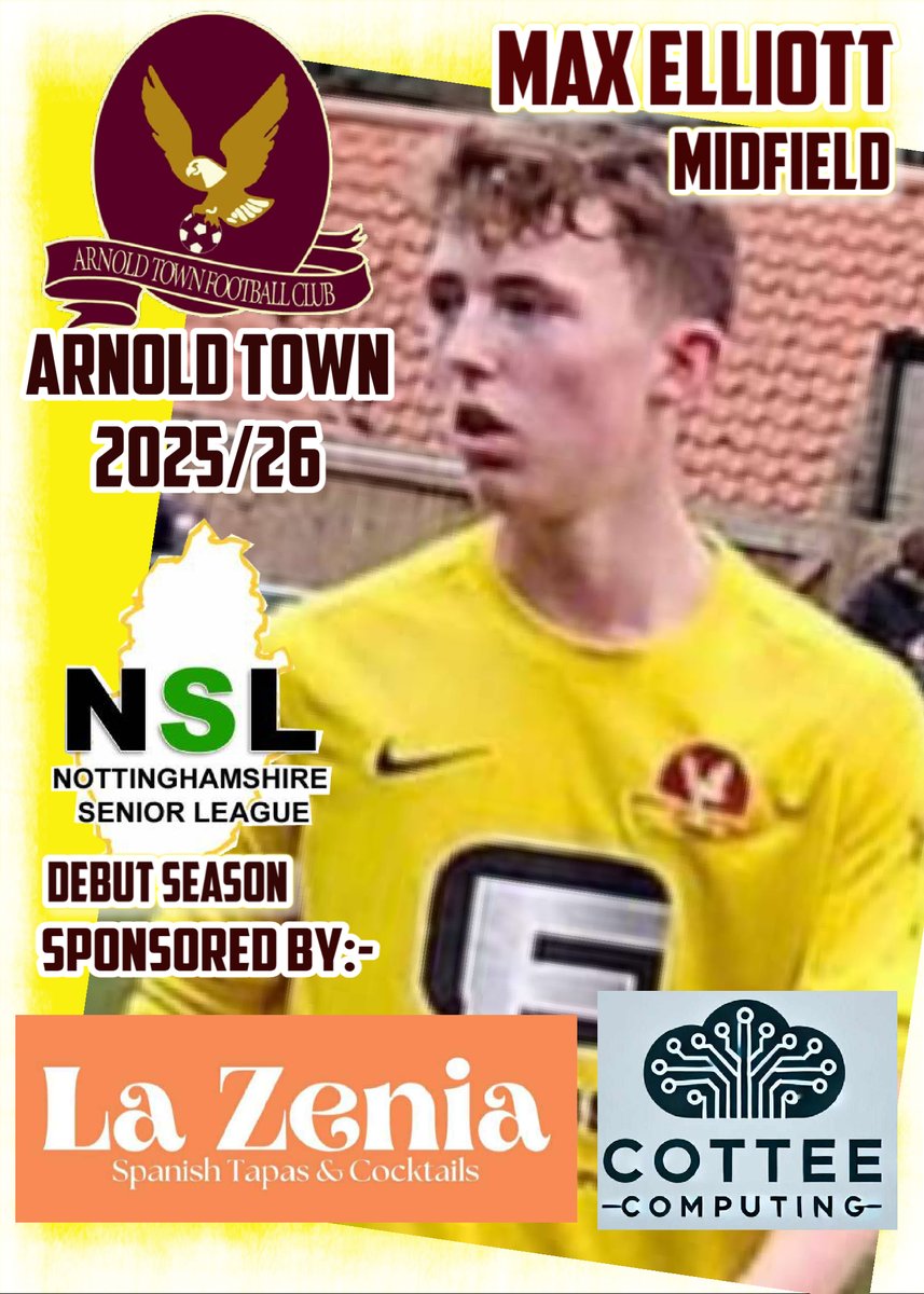 Our thanks to La Zenia Tapas &amp; Cocktails (of Mapperley Plains) and Cottee Computing for their sponsorship of Arnold Town midfielder Max Elliott for the 2025/26 season.
lazeniarestaurant.com   cotteecomputing.co.uk