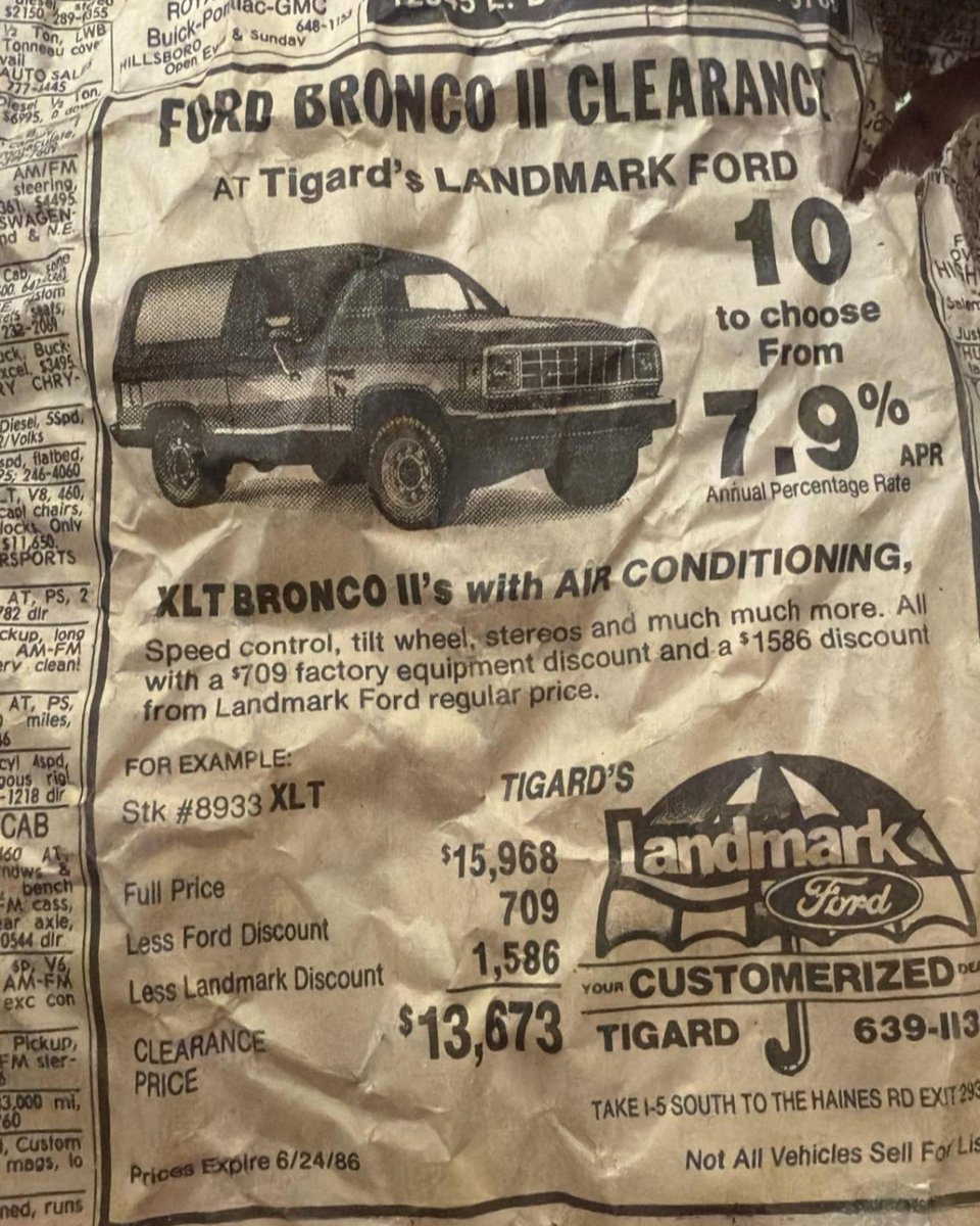 Landmark_Ford's tweet photo. ThrowbackThursday to '86! Thanks to Chris Matos, who came through with this awesome Landmark Ford Bronco II newspaper ad — check out those vintage vibes! When cassette tapes ruled, gas was cheap(ish), and the Bronco II was ready to hit the trails or the mall parking lot. 😂 https://t.co/r3fqWEBQ4Z