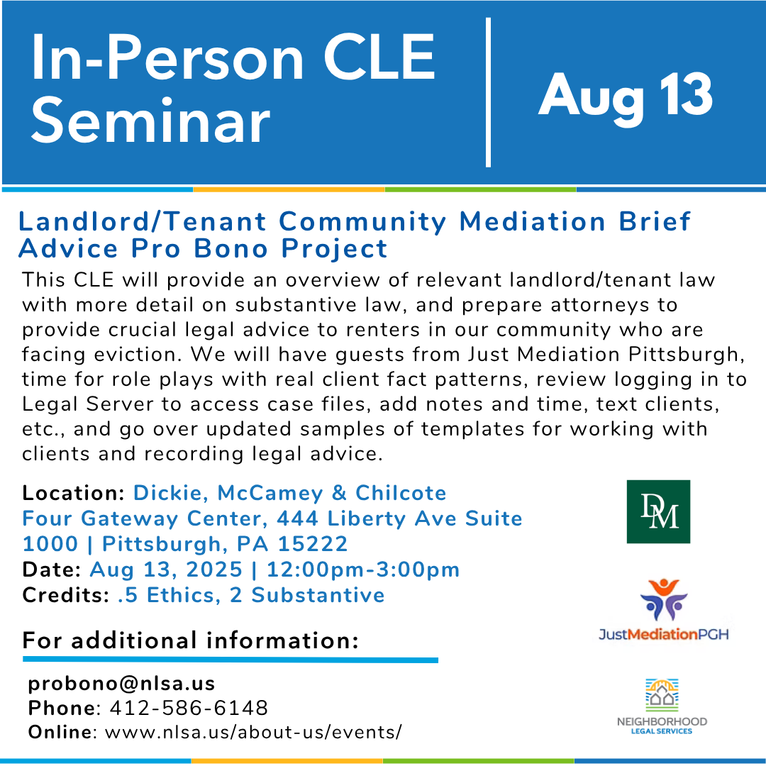 NLSAPGH's tweet image. Join Neighborhood Legal Services in person to learn how you can assist tenants facing eviction who are preparing for virtual, community-based mediation with their landlord through Just Mediation Pittsburgh.
Register at: bit.ly/40rSljc