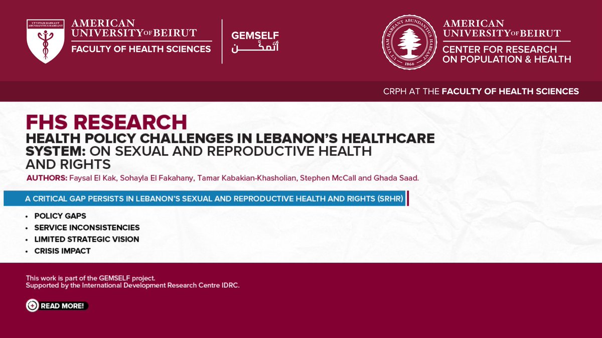 📢 #FHSFaculty dives into policy gaps, service inconsistencies, and the impact of ongoing crises on Sexual and Reproductive Health and Rights (SRHR) in Lebanon.

This work is part of the GEMSELF project supported by International Development Research Centre (IDRC).
