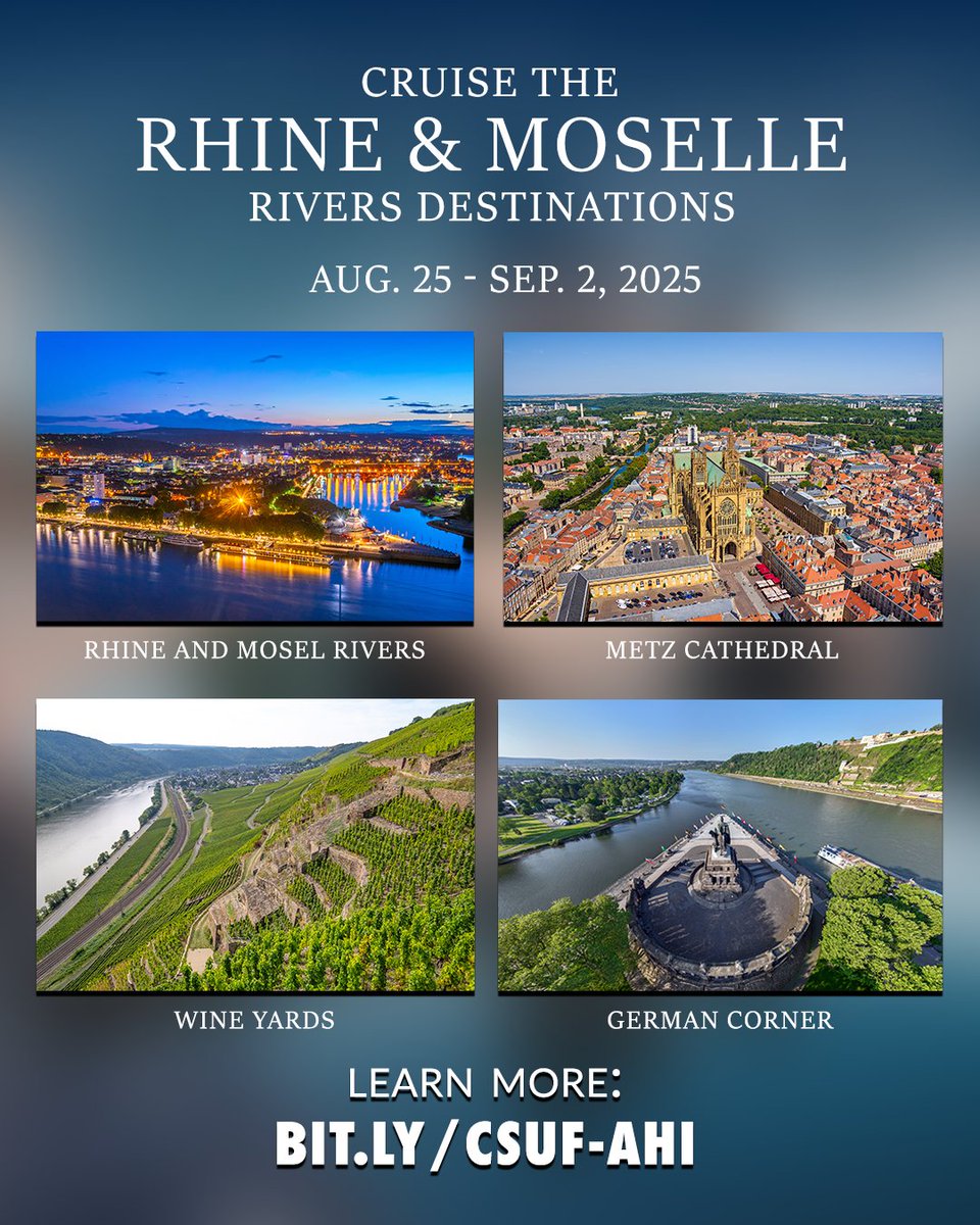 csufalumni's tweet image. Alumni Association members: Sail on a 7-night Rhine River cruise! Explore France, Germany & the Netherlands with included excursions, hilltop castles, UNESCO cities, and Amsterdam’s famous canals, guided by expert Travel Directors. Learn more: bit.ly/csuf-ahi