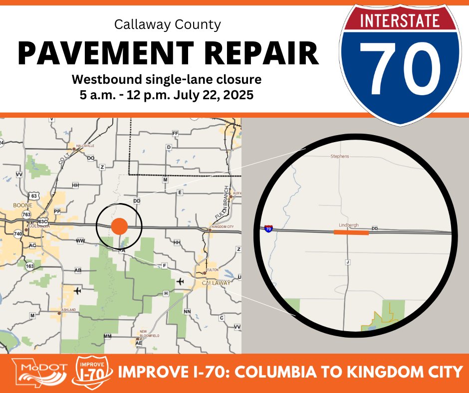 MoDOT_Central's tweet image. ATTN WESTBOUND I-70 DRIVERS: The driving (right) lane at Callaway County Route J/ Millersburg will be closed from 5 a.m. to 12 p.m. on Tuesday, July 22, for pavement repairs.
Learn more: modot.org/node/72458