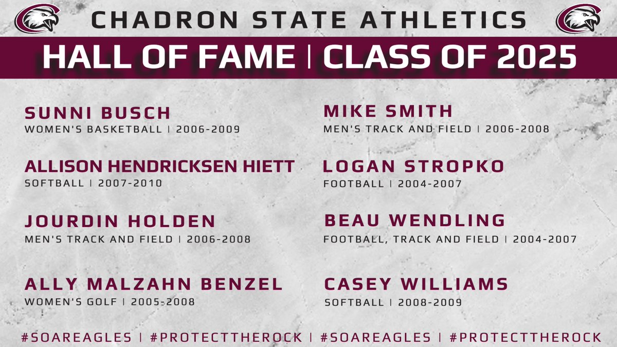 HALL OF FAME: The Chadron State Athletics Hall of Fame will grow by eight members this fall, including the first-ever CSC softball and CSC women's golf alumni to be inducted. 

Congratulations to our eight inductees in the CSC Hall of Fame Class of 2025!

#SoarEagles (1/2)