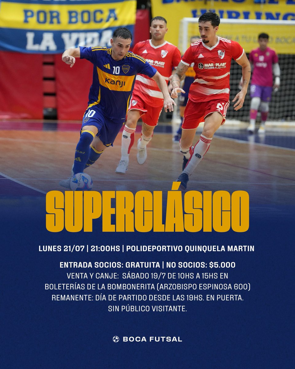 SUPERCLÁSICO 🔵💪🔵

Boca enfrentará a River en el Quinquela después de 6 años. El encuentro se disputará el lunes 21 a las 21 horas. 

¡Conseguí tu entrada el finde semana! 

#BocaFutsal 💙💛💙