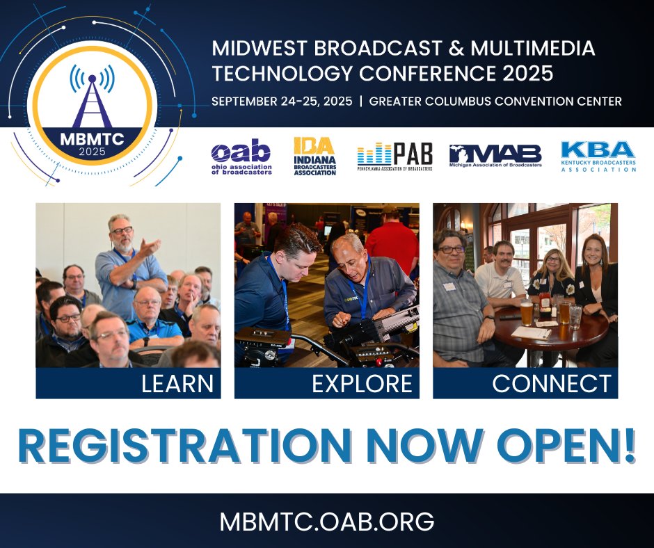 OhioBroadcaster's tweet image. Attendee registration is NOW OPEN for the OAB's premiere broadcast engineering & tech conference, #MBMTC2025 on Sept. 24-25 in Columbus! Learn more and secure your tickets today at: mbmtc.oab.org.