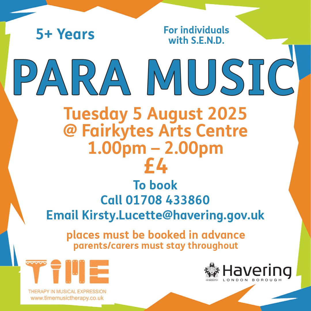 FairkytesArts's tweet image. Para sessions for S.E.N.D. individuals aged 5-17 years take place in August.

Tuesday 5 August - Para Music
Monday 11 August - Para Arts

Sessions take place 1-2pm, cost £4. Parents/carers must stay.

To book, please call 01708 433860 or email kirsty.lucette@havering.gov.uk