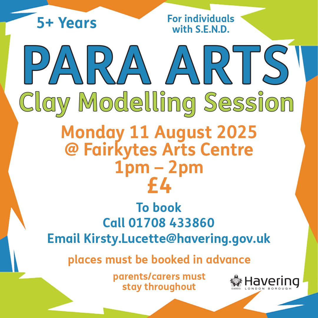 FairkytesArts's tweet image. Para sessions for S.E.N.D. individuals aged 5-17 years take place in August.

Tuesday 5 August - Para Music
Monday 11 August - Para Arts

Sessions take place 1-2pm, cost £4. Parents/carers must stay.

To book, please call 01708 433860 or email kirsty.lucette@havering.gov.uk