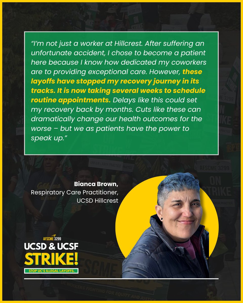afscme3299's tweet image. Bianca isn’t just a worker at UCSD, she’s also a patient.
UCSD's layoffs are delaying her care and setting her recovery back by months. These cuts don’t just hurt workers, they hurt patients too!
#nolayoffs #ulpstrike #strike #afscme3299 #3299strong #afscme #werunuc #ucworkers…