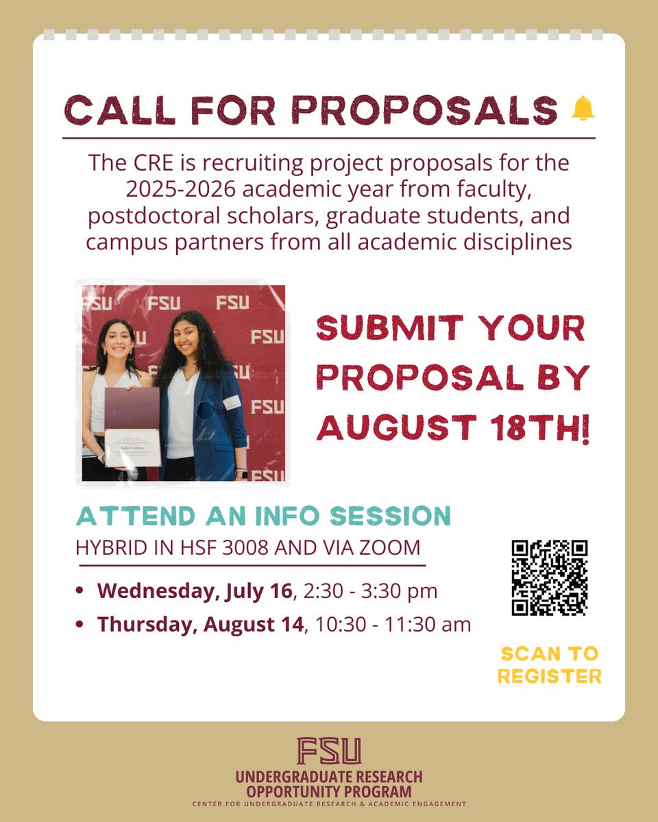 FSU_CRE's tweet image. CALL FOR UROP PROJECT PROPOSALS!📝
We are recruiting 2025–2026 Undergraduate Research Opportunity Program project proposals from faculty, postdocs, grad students, and campus partners across all disciplines! Proposal deadline: Aug. 18
For more info: alicia.batailles@fsu.edu.