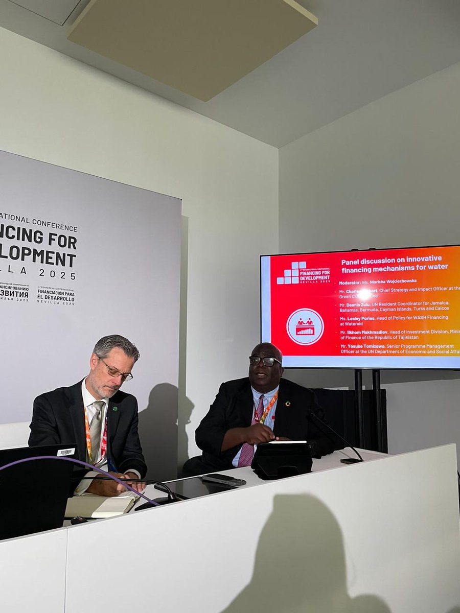 UNJamaica's tweet photo. It’s #FlashbackFriday to the recently held #FFD4 Conference in Sevilla, Spain, where @DennisZulu_ represented the UN Multi-Country Office at several key sessions. While there, he also connected with #WayneHenry, Director General of @thepioj, and H.E. #BrianWallace.
#Ffd4 #sdg https://t.co/Lpod65DWMw