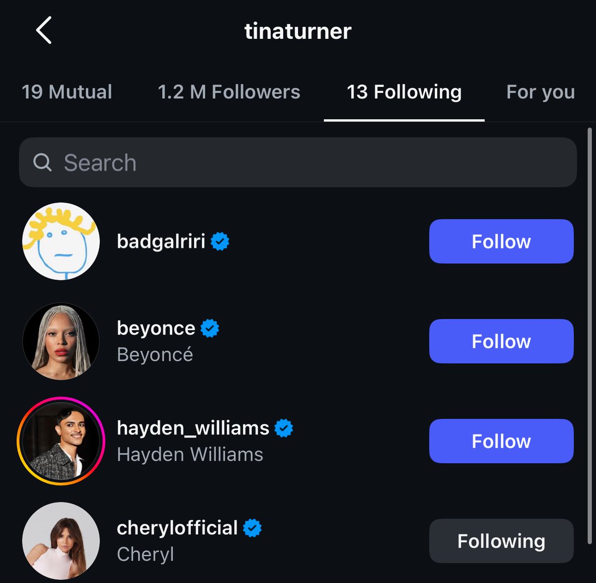 bluealoud's tweet image. I can’t stop thinking about the late Tina Turner’s instagram account only following 13 people and one of them being Cheryl???