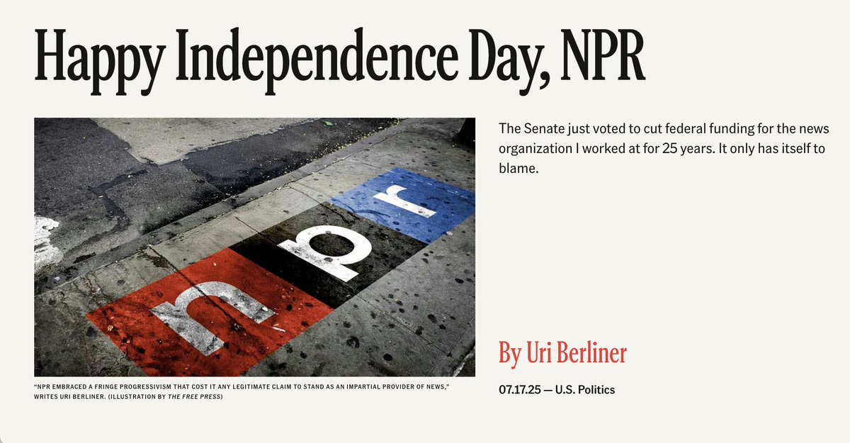 BenMullin's tweet image. Uri Berliner, who wrote an essay last year accusing NPR of liberal bias, says that the senate's vote to claw back funding for public media is the network's "independence day."
"My hope is that this will be a wake-up call, returning NPR to its roots where a curious spirit…