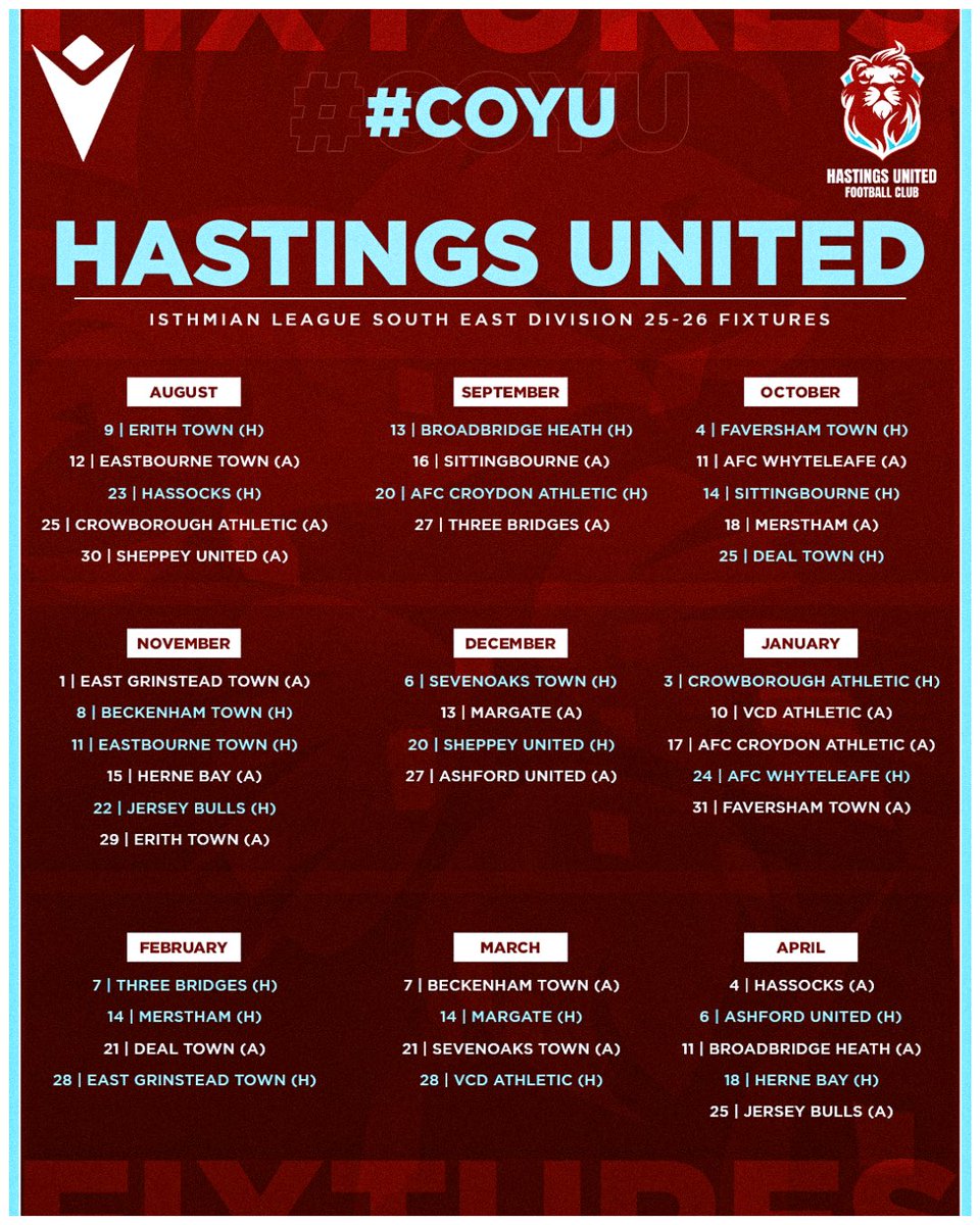 hastingsufc's tweet photo. 𝗜𝗧𝗦 𝗔 𝑴𝑨𝑹𝑨𝑻𝑯𝑶𝑵 𝗡𝗢𝗧 𝗔 𝗦𝗣𝗥𝗜𝗡𝗧

Our @IsthmianLeague South East Fixture list in FULL

#COYU https://t.co/vi3jO3NTaY