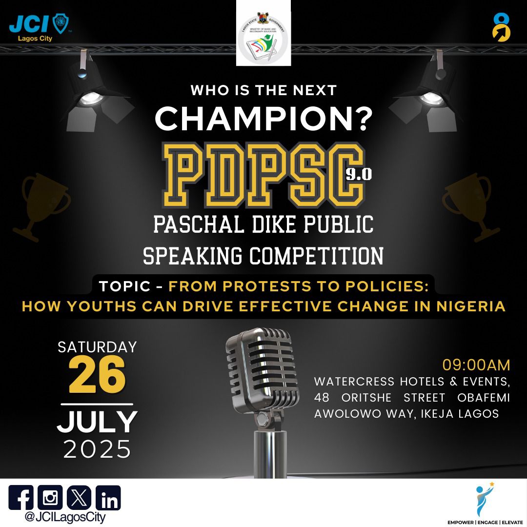 It’s that time of the year again when talents are discovered, voices are amplified &amp; champions are made!

It's the GRAND FINALE of the Paschal Dike Public Speaking Competition 9th Edition (PDPSC 9.0)

🗓 Sat., 26th July 2025
📍Watercress Hotel, Obafemi Awolowo Way, Ikeja
⏰9:00AM