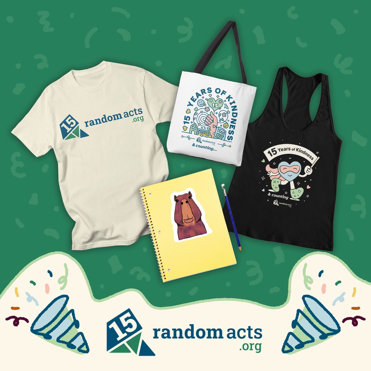 RandomActsOrg's tweet image. Celebrate 15 years of Random Acts with us and see how awesome kindness looks on you! Wear your Kindness #15YearsOfKindness #RandomActs #KindnessLooksGoodOnYou #MerchDrop