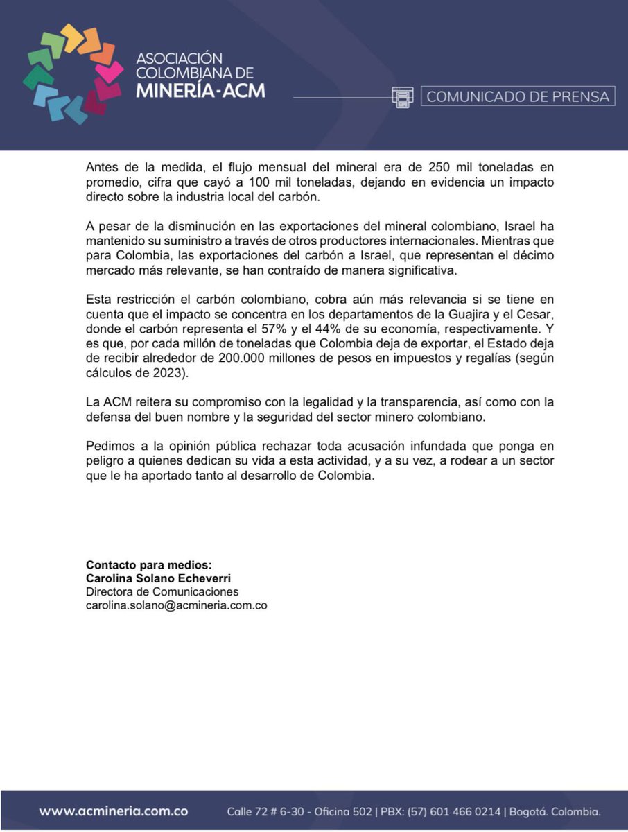 La Asociación Colombiana de Minería (ACM) rechaza categóricamente y exige respeto frente a las declaraciones infundadas del Presidente Petro, en las que se acusa a empresas mineras de estar vinculadas con asesinatos de sindicalistas y con el uso del carbón colombiano en la