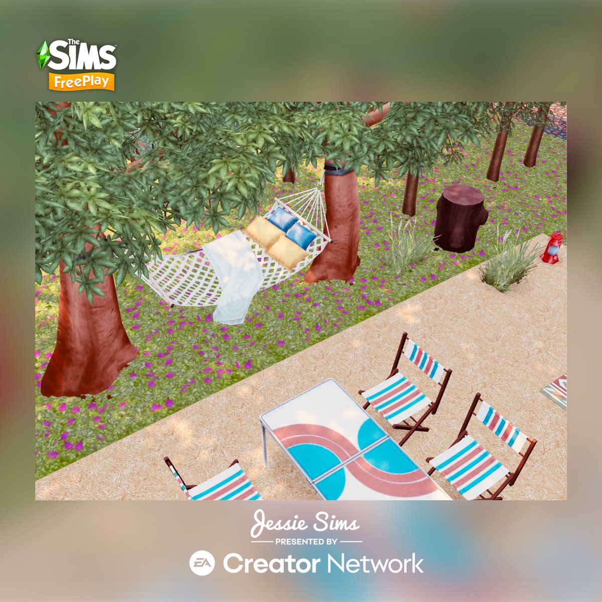 Simmerjessie's tweet image. Create a fabulous campsite for your Sims! Amazing camping items with the Summer Vacation: Get Out of Town! Update! 😎☀️🩷 #SimYourSummer @TheSimsFreePlay