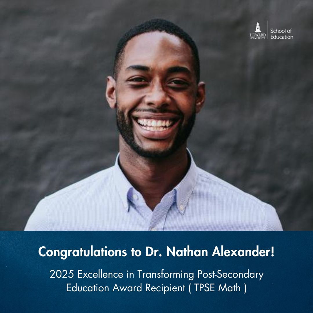 HowardU_SOE (@hu_soe) on Twitter photo 👏🏾 Congrats to Dr. Nathan Alexander of <a href="/HowardU/">Howard University</a> SOE on receiving the 2025 Excellence in Transforming Post-Secondary Education Award from @TPSEMath!
His work in math education and data science is shaping the future of learning.
#TPSEMath #HowardSOE #MathEducation #BisonPride 👏🏾 Congrats to Dr. Nathan Alexander of <a href="/HowardU/">Howard University</a> SOE on receiving the 2025 Excellence in Transforming Post-Secondary Education Award from @TPSEMath!
His work in math education and data science is shaping the future of learning.
#TPSEMath #HowardSOE #MathEducation #BisonPride