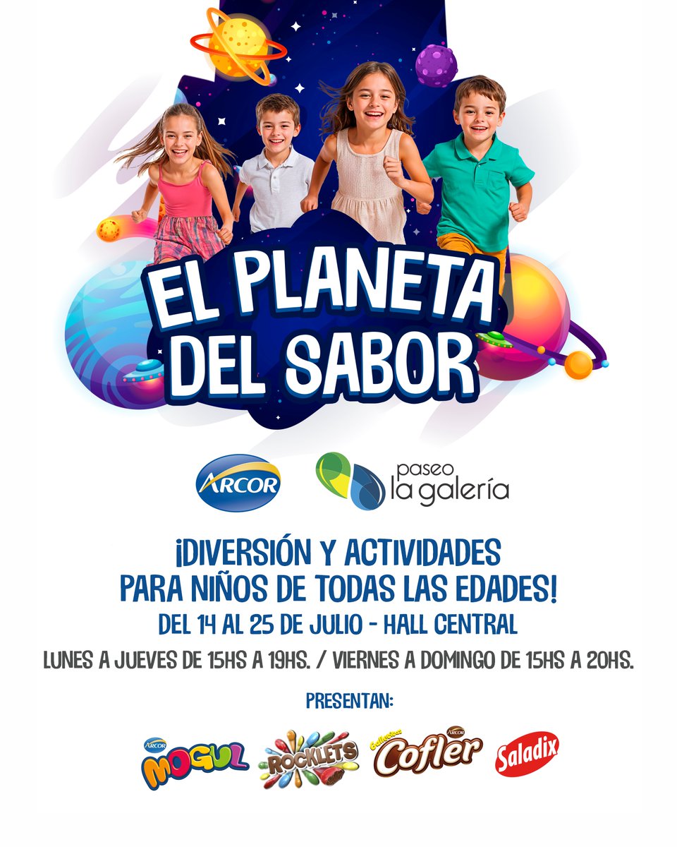 ¡Llegó El Planeta del Sabor de Arcor! 🌟

📍 Del 14 al 25 de julio en el Hall Central
🎲 Juegos, actividades y muuucho sabor 😋🍭

🕒 Horarios:
▪️ Lunes a jueves: 15:00 a 19:00 h
▪️ Viernes a domingo: 15:00 a 20:00 h

🚀 Para niños de todas las edades
🎟️ Entrada gratuita 🥳
