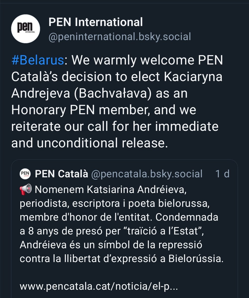 Laura Huerga (@laurahuergarv) on Twitter photo As President of <a href="/PENCatala/">PEN Català</a> I thank PEN INT <a href="/pen_belarus/">PEN Belarus</a> for their support
By naming Kaciaryna Andrejeva (Bachvałava) an Honorary PEN Member, we reaffirm our commitment to writers imprisoned for their right to free speech. Please join the call: immediate and unconditional release As President of <a href="/PENCatala/">PEN Català</a> I thank PEN INT <a href="/pen_belarus/">PEN Belarus</a> for their support
By naming Kaciaryna Andrejeva (Bachvałava) an Honorary PEN Member, we reaffirm our commitment to writers imprisoned for their right to free speech. Please join the call: immediate and unconditional release