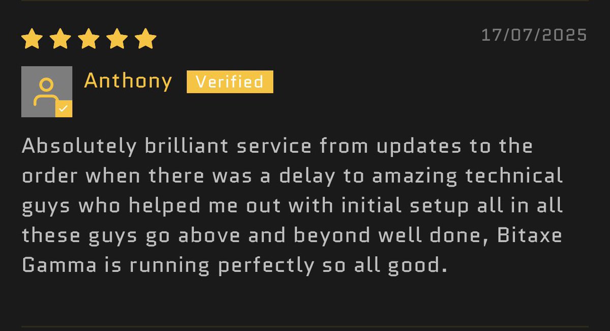 BitaxeUK's tweet image. Wonderful reviews on our Bitaxe Gamma Deluxe 601 🙌🏻🙌🏻
More information on our Deluxe model:
bitaxe.uk/products/bitax…
#Bitcoin #BitaxeUK #Bitaxe #BitcoinMining #SoloMining #HomeMining #DIYMining #BitcoinASIC #ASICminer #OpenSourceHardware