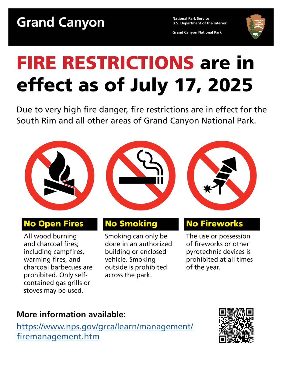 GrandCanyonNPS's tweet image. News Release—Stage 2 Fire Restrictions Begin Thursday, July 17 at Grand Canyon National Park
Effective immediately, Grand Canyon National Park will implement Stage 2 fire restrictions for the South Rim and all other areas of the park. The restriction encompasses all campgrounds,…